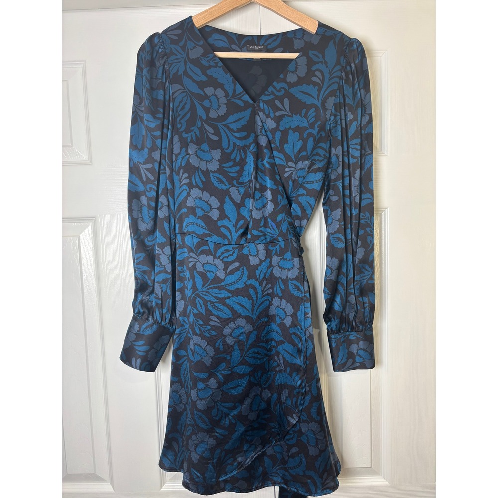 Ann Taylor Silk Floral Jacquard Wrap Dress Blue Black Long Sleeve Size 2